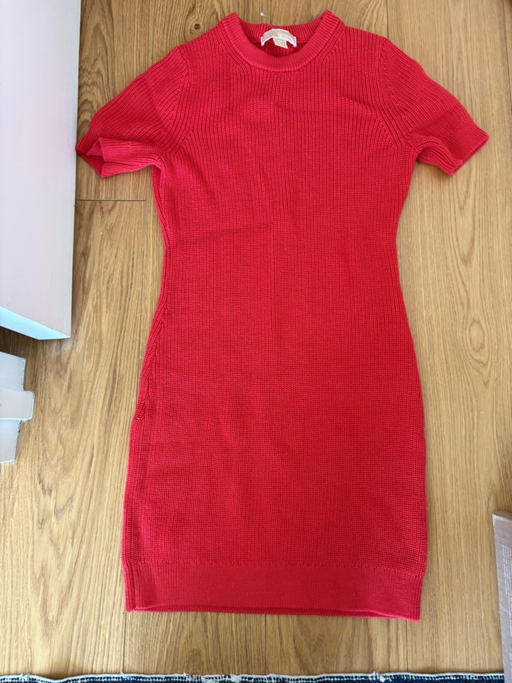 Michael Kors Red Ribbed Short Sleeve Sweater Dress S